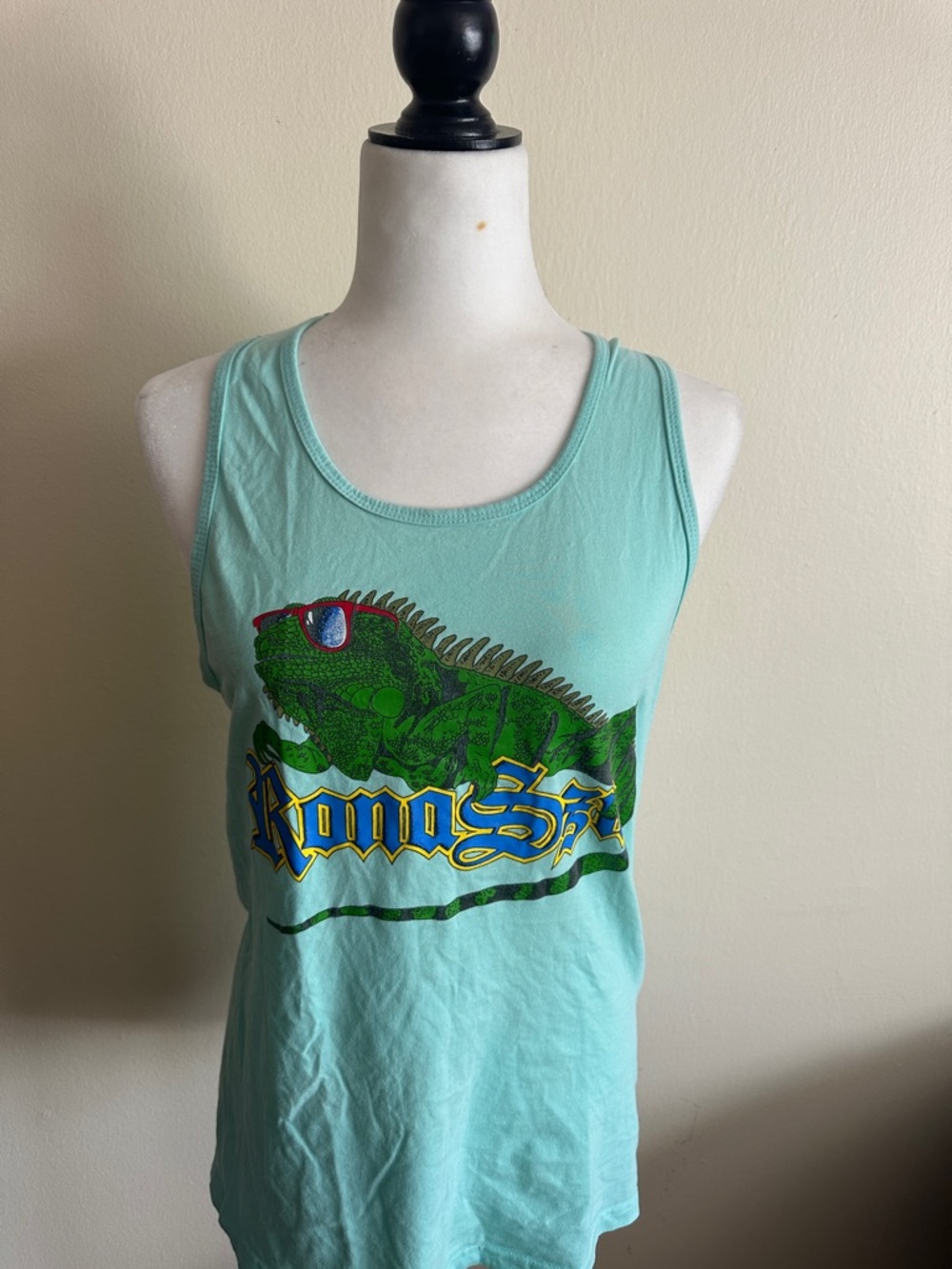 Aqua Tank Top with Green Iguana Graphic - Kona Shirt